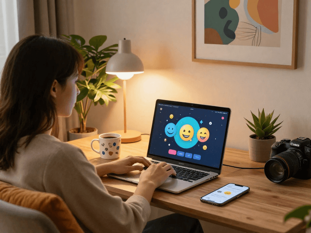 Engaging nsfw chat scene showcasing a cozy home office atmosphere with computer and coffee.