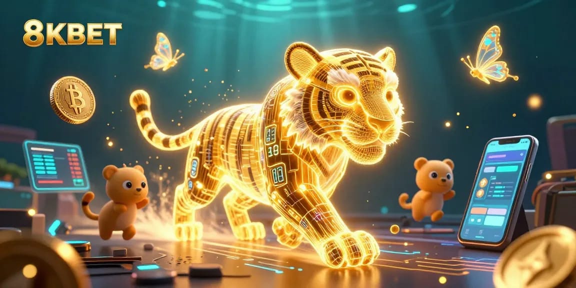 Experience the vibrant casino world with 8KBET as a golden tiger prowls among crypto elements and holographic displays.