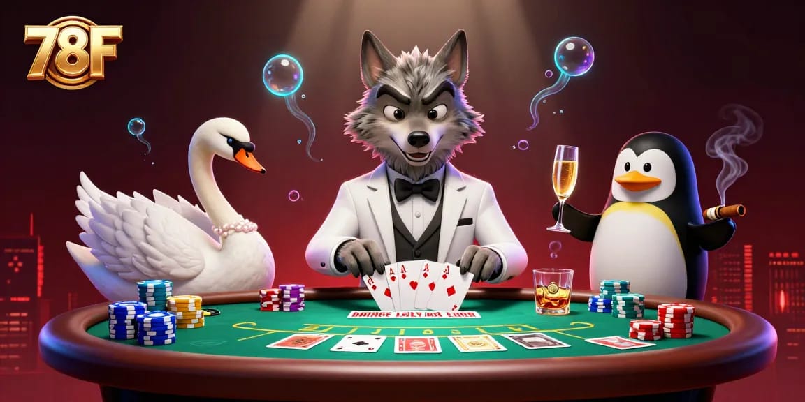 78F: interagindo no cassino com um lobo elegante jogando baccarat e cartas.