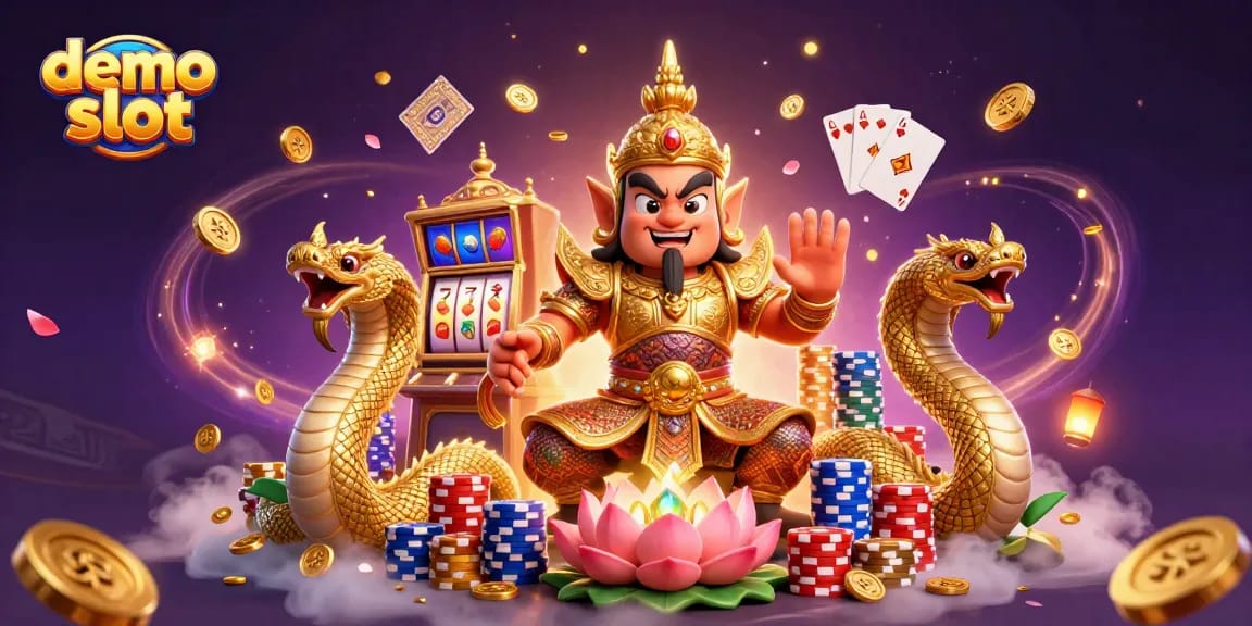 Putar demo slot dengan karakter penjaga kuil dan elemen kasino yang menarik.