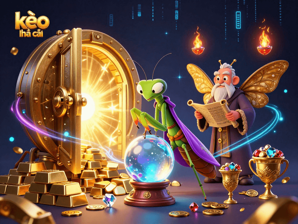 Bet on kèo nhà cái with mystical fortune tellers amidst shimmering treasures.