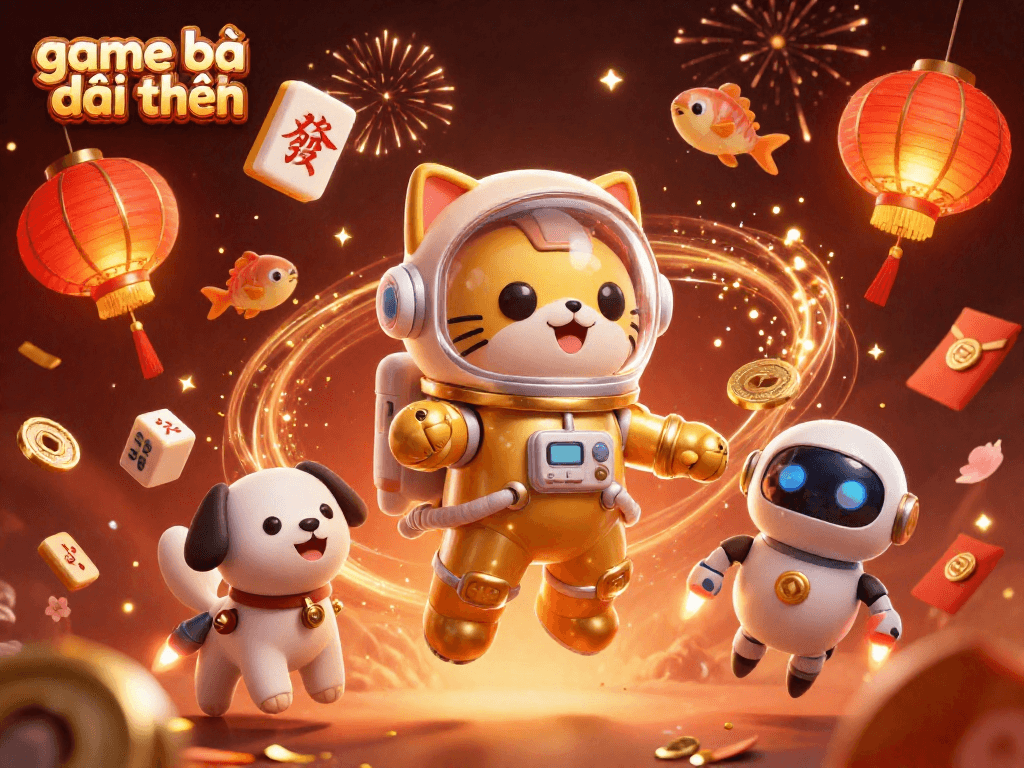 Engage in game bài đổi thưởng with a 3D cartoon cat, robot dog, and vibrant casino elements.