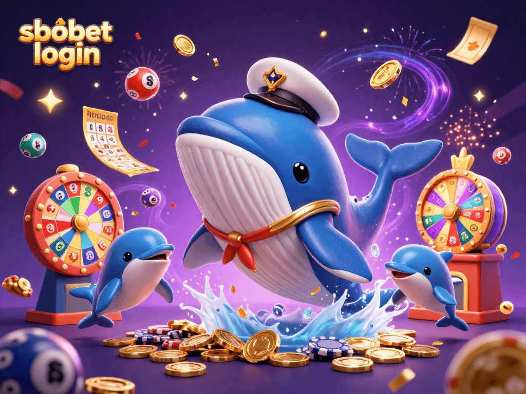 Experience sbobet login excitement with a whale and friends in a dazzling scene of coins and casino elements.