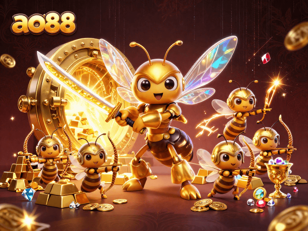 Engage in thrilling gameplay with ao88 as the golden hornet wields katanas amidst a treasure-filled scene.
