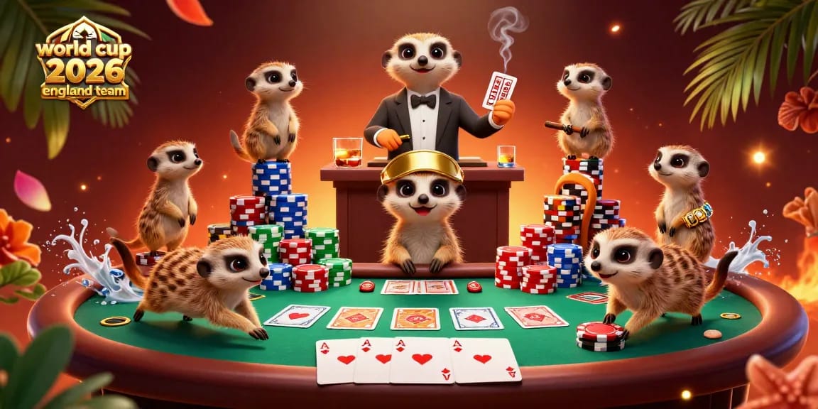 Engaging scene with the world cup 2026 england team meerkats in vibrant casino action, dynamic gambling atmosphere