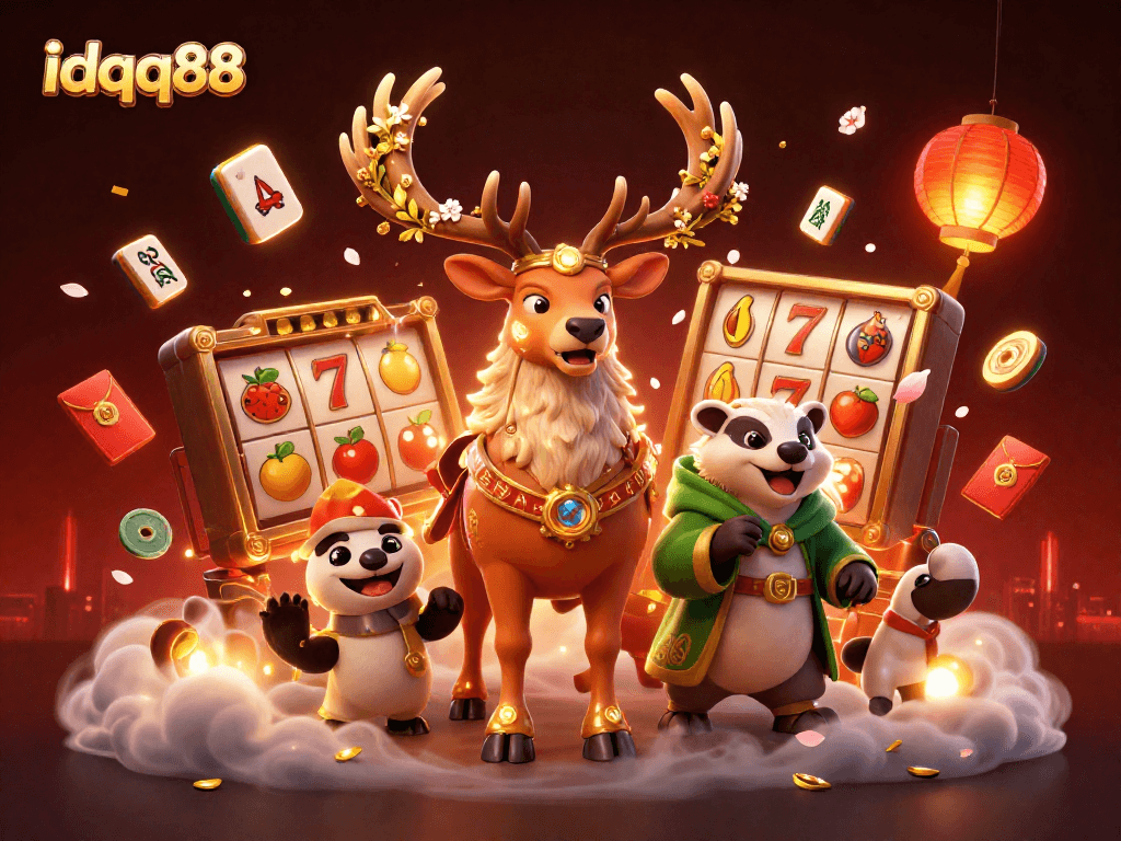 Win big at idqq88 with colorful slot reels and mystical elements creating an engaging casino atmosphere.