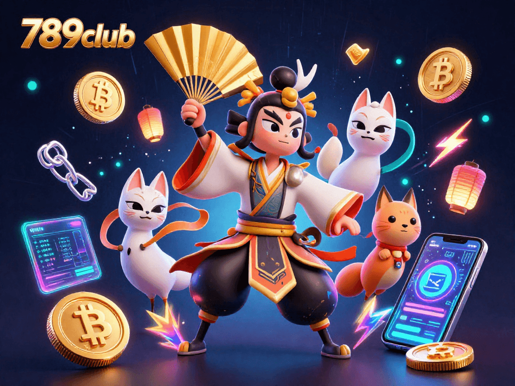 Engage with thrilling wins at 789club, featuring vibrant characters and crypto elements in a dynamic casino scene.