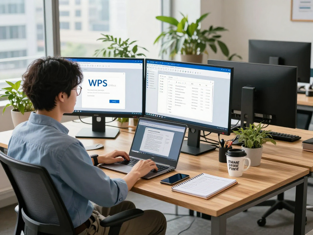 年轻专业人士在现代办公桌前操作WPS软件界面的场景,展示高效工作氛围