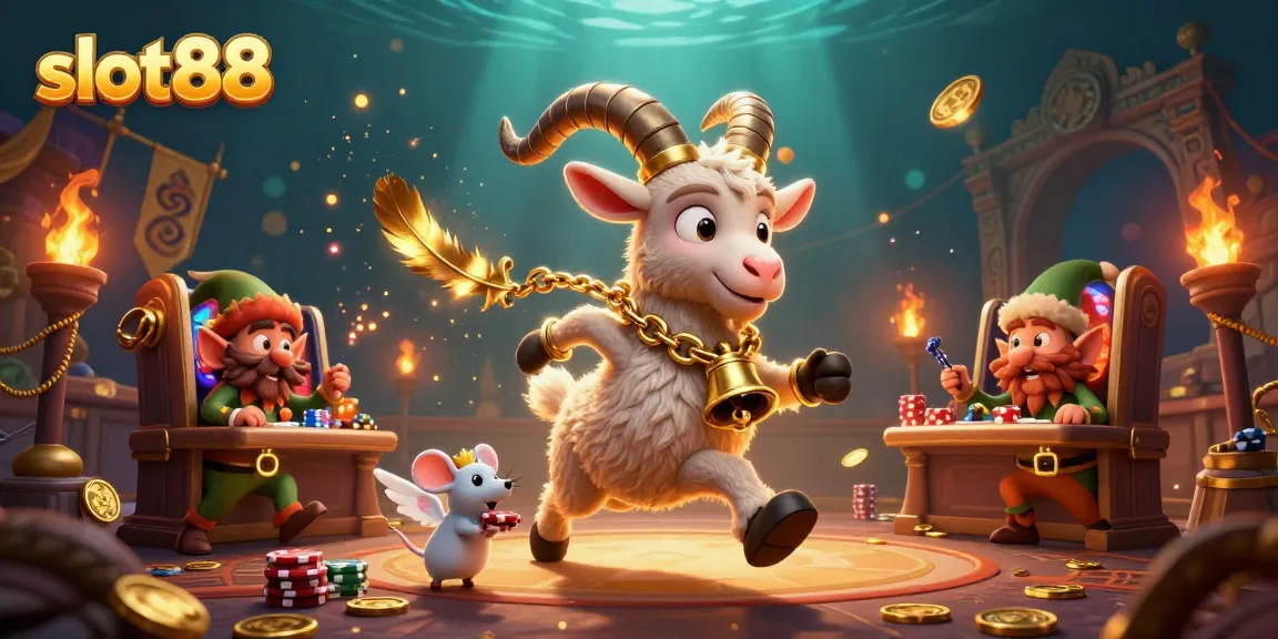 Experience the excitement of slot88 with whimsical casino characters in a dynamic festive scene.