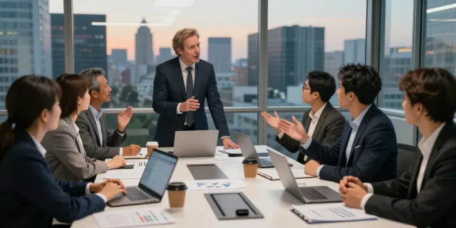 Mark Litwin Marrisa Holdings leading a strategic meeting with diverse financial analysts in a modern office.