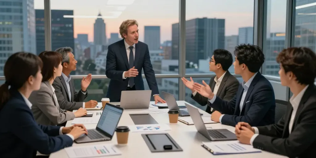 Mark Litwin Marrisa Holdings leading a strategic meeting with diverse financial analysts in a modern office.
