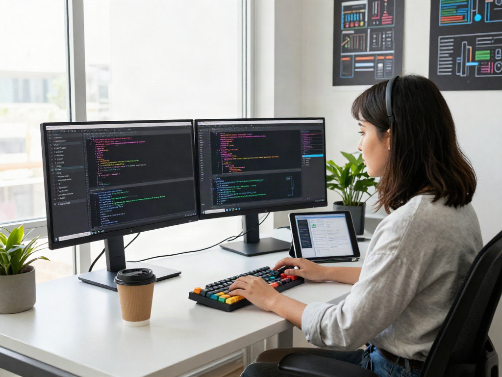 在clash官网的开发环境中，年轻女性在现代办公桌前专注于编程，周围有技术文档和咖啡杯。