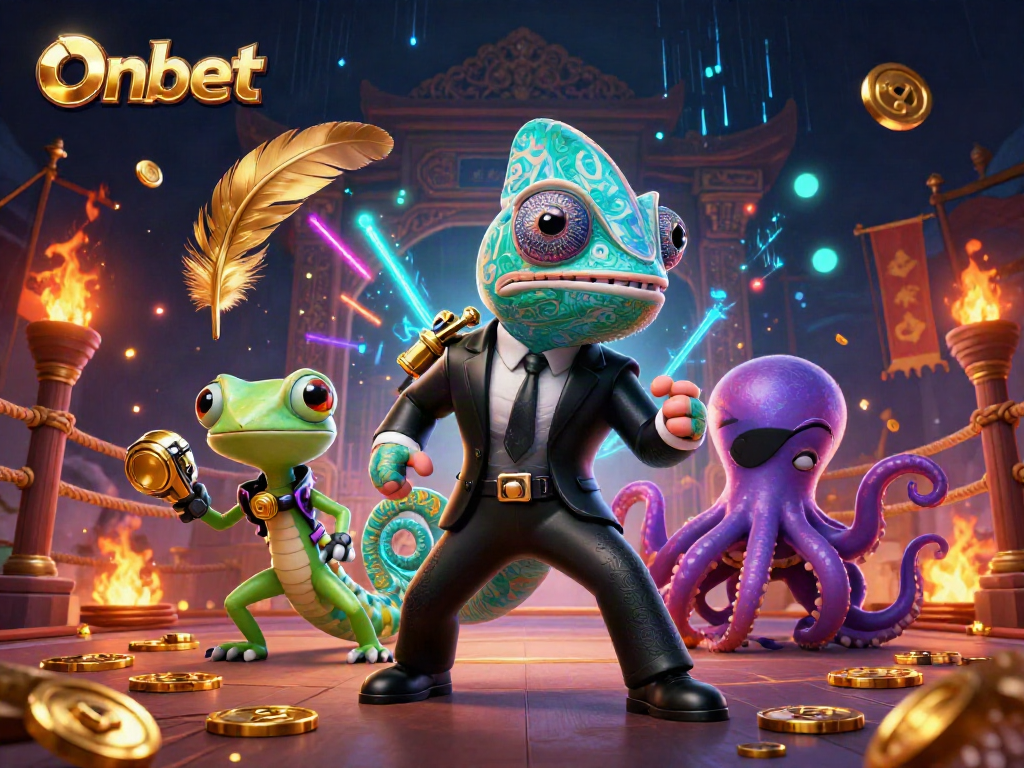 Join the adventure with Onbet in a dynamic casino scene featuring a secret agent chameleon and his tech-gecko companion.