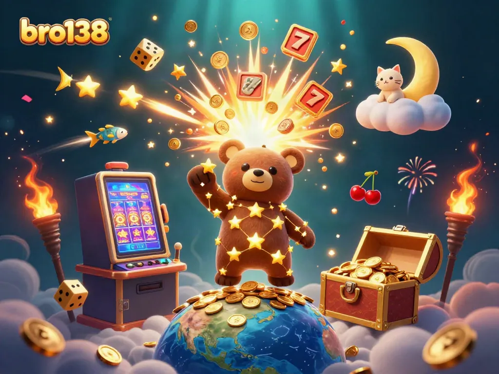 Experience the exhilarating world of bro138 with a bear constellation collecting coins amidst a jackpot explosion.
