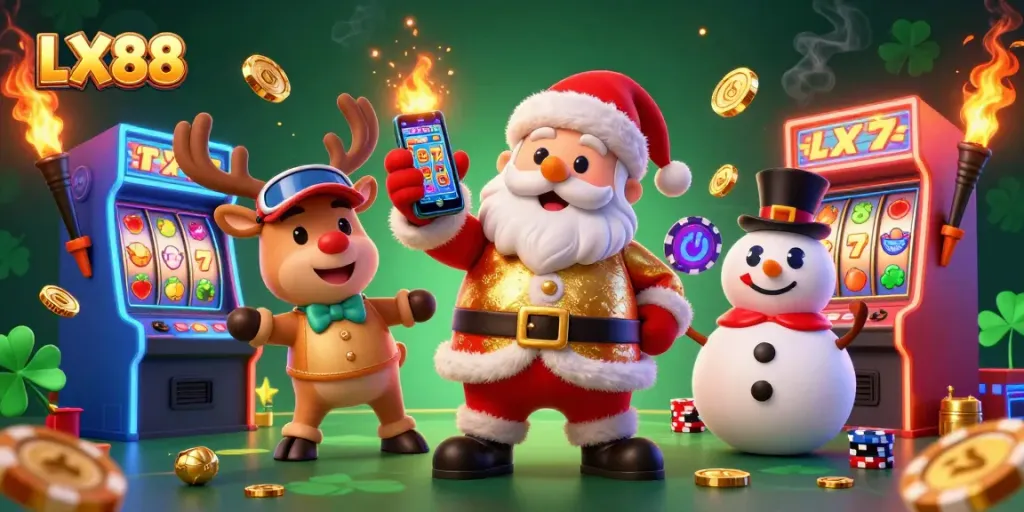 Spin the reels of LX88 slots as Santa celebrates a jackpot with cheerful companions.