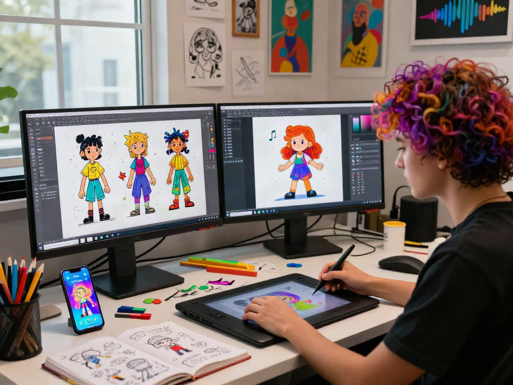Artist creating dynamic character AI nsfw illustrations in a vibrant studio.