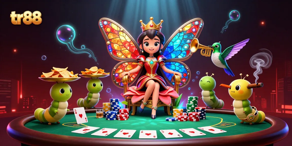 Win big with tr88's vibrant casino scene featuring a butterfly queen and poker elements.