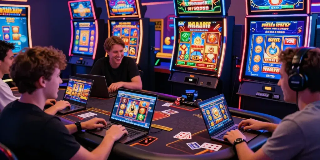 Bigdewa online gaming scene with players enjoying vibrant slot machines and live dealers, highlighting excitement.