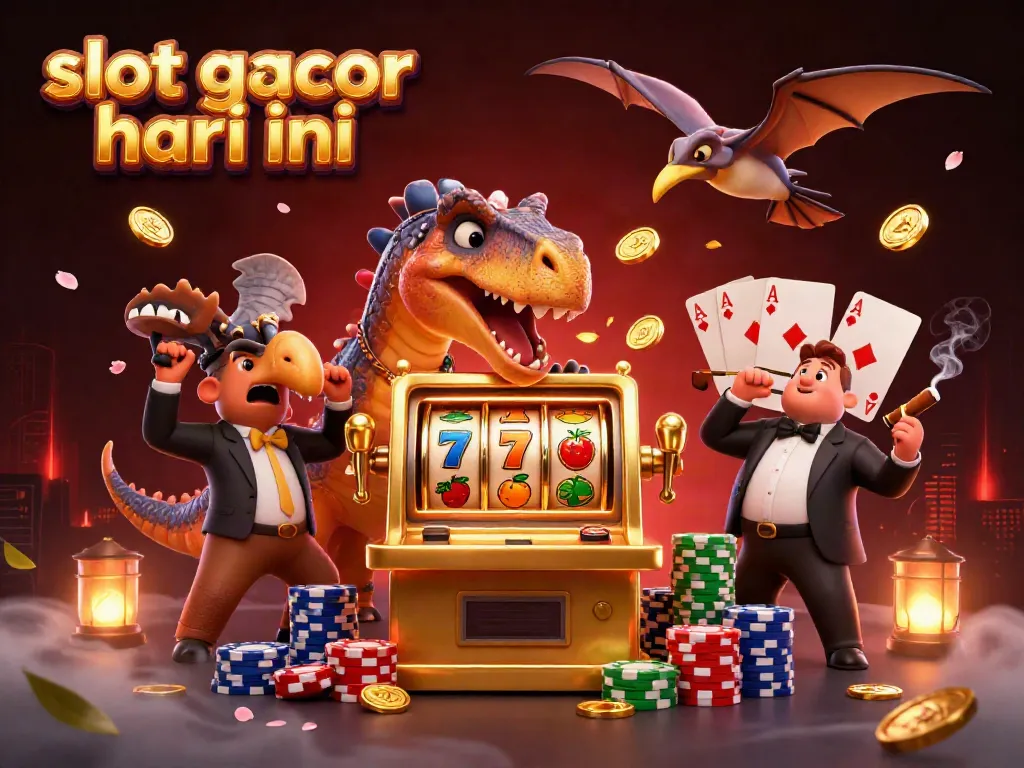 Experience the thrill of slot gacor hari ini with a fun 3D cartoon scene of dinosaurs at a casino.