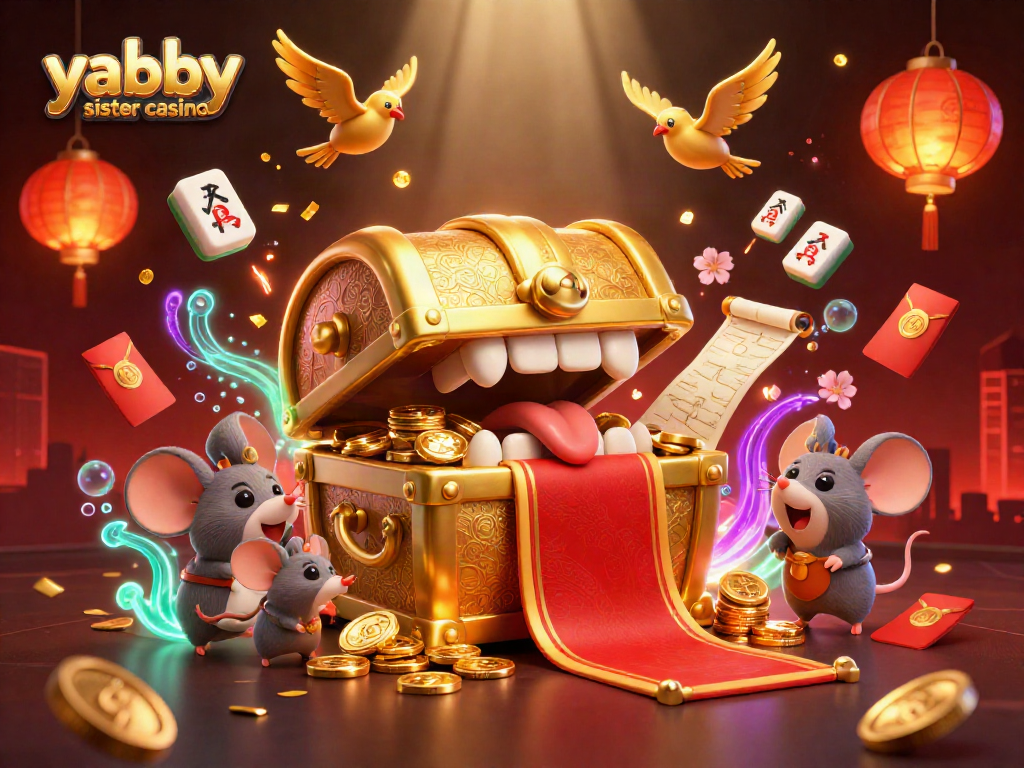 Spin and win at the yabby sister casino with a vibrant 3D scene featuring dazzling treasures and festive elements.
