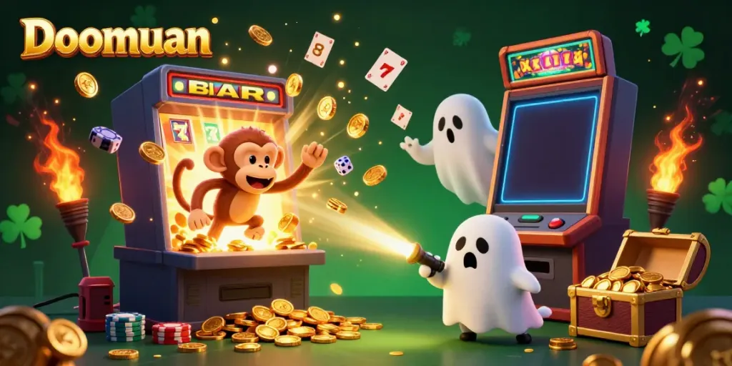 Doomuan showcases an entertaining scene with ghostly characters in a vibrant haunted casino filled with jackpots.