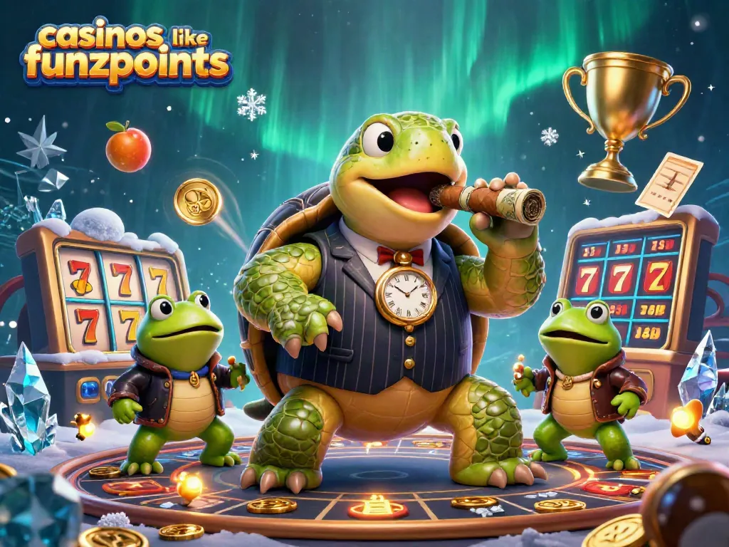 Spin and win at casinos like Funzpoints with colorful slot machines, turtles, and frogs in vibrant casino scene.
