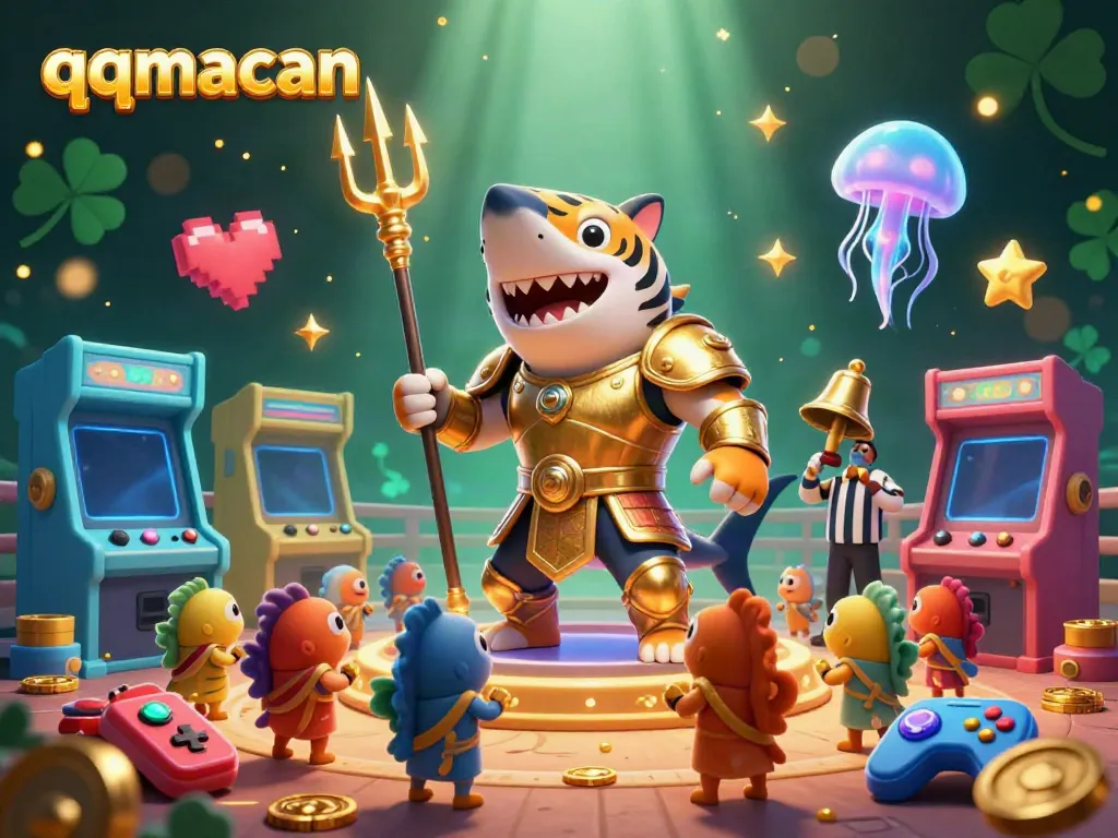 Experience thrilling gameplay at qqmacan with a vibrant underwater scene featuring unique game elements and a fierce tiger shark.