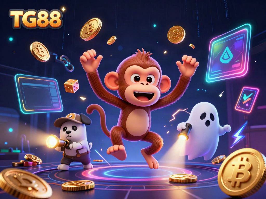 Engage with the TG88 casino world featuring a mischievous poltergeist monkey and a ghost-hunter puppy in action.