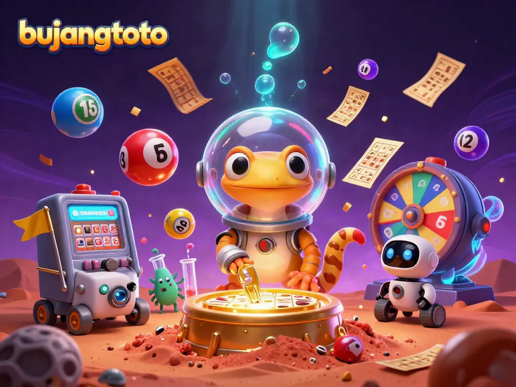 Bujangtoto showcases a Martian gecko discovering a golden casino while lottery balls bounce around joyfully.