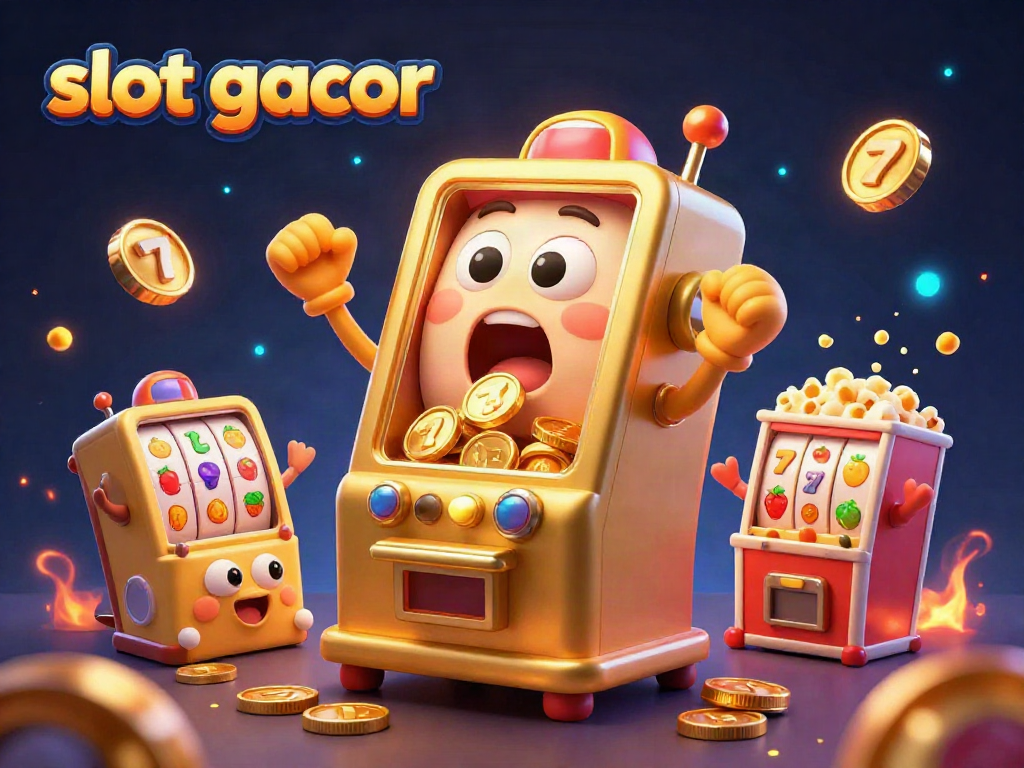 Experience the excitement of slot gacor with a golden slot machine celebrating wins amidst sparkling coins and cheering companions.