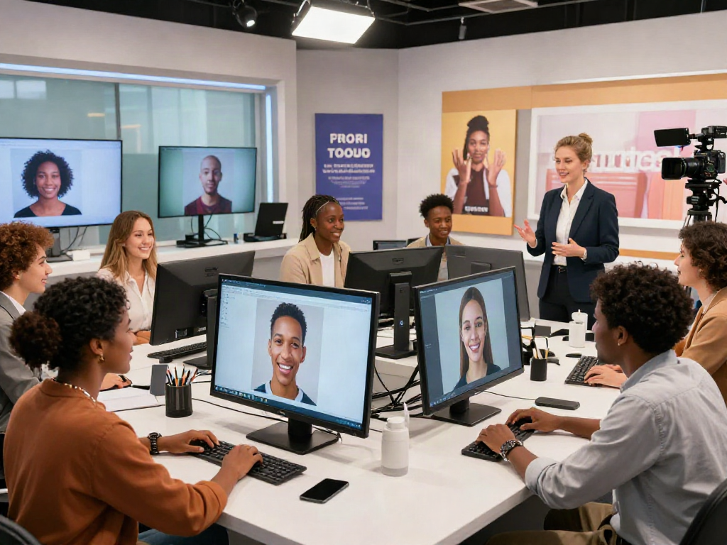 Participants taking an attractiveness test using innovative AI technology in a vibrant studio.