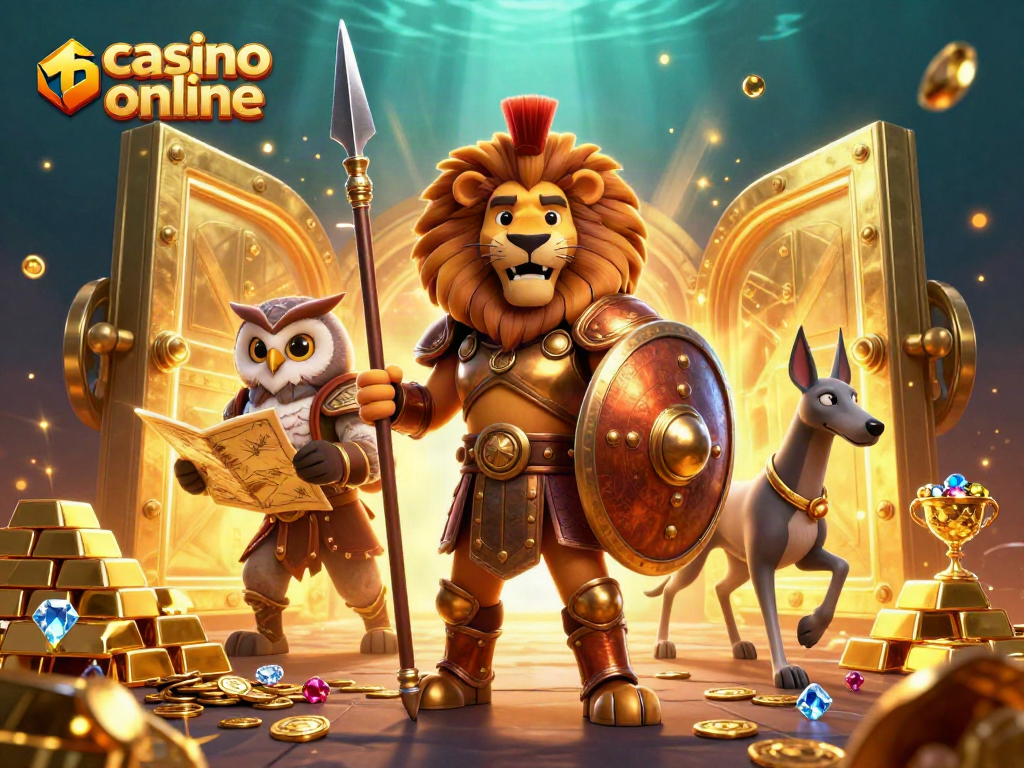 Engage with our vibrant casino online scene featuring a Spartan lion and treasures illuminating the action.