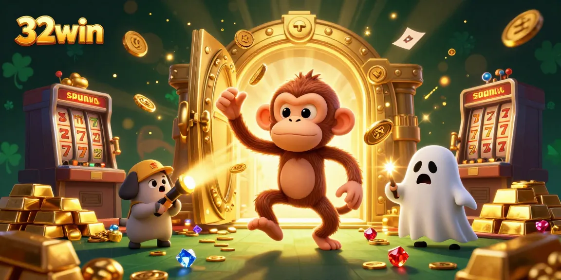 Experience exciting gaming moments at 32win with vibrant golden treasures and whimsical characters in a haunted casino.