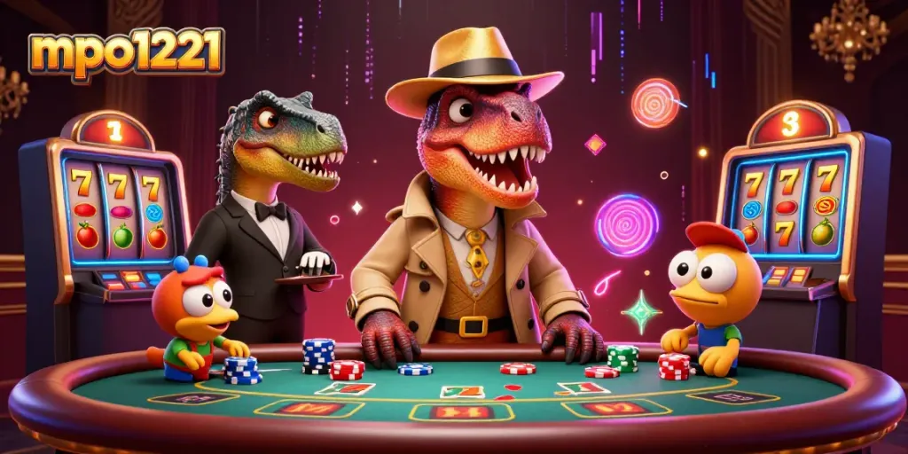 Experience mpo1221 with a dynamic casino scene featuring a velociraptor and thrilling slot elements.