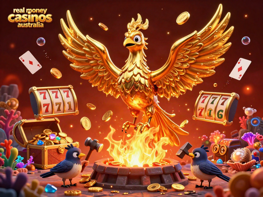 Experience the thrill of real money casinos Australia with a golden phoenix and dynamic gaming elements.