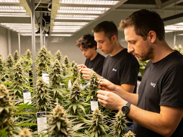 Alienlabs founder inspecting premium indoor cannabis plants with advanced equipment.