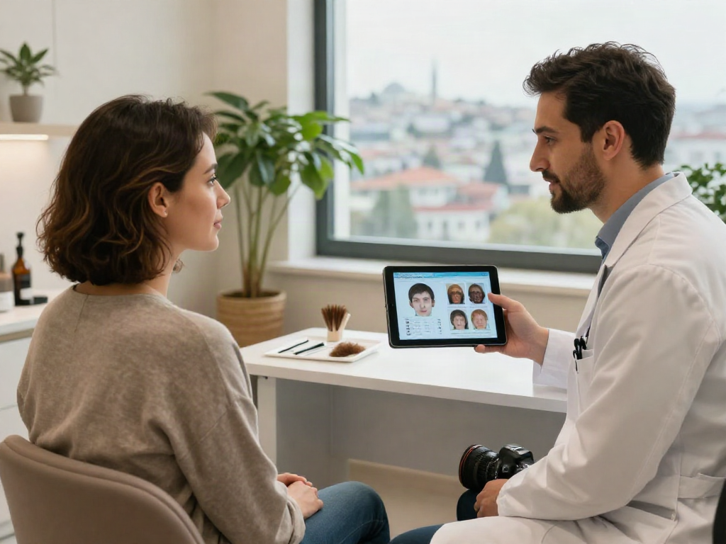 Consultation on hair transplant turkey cost in a modern clinic setting, patient engaged with a doctor.