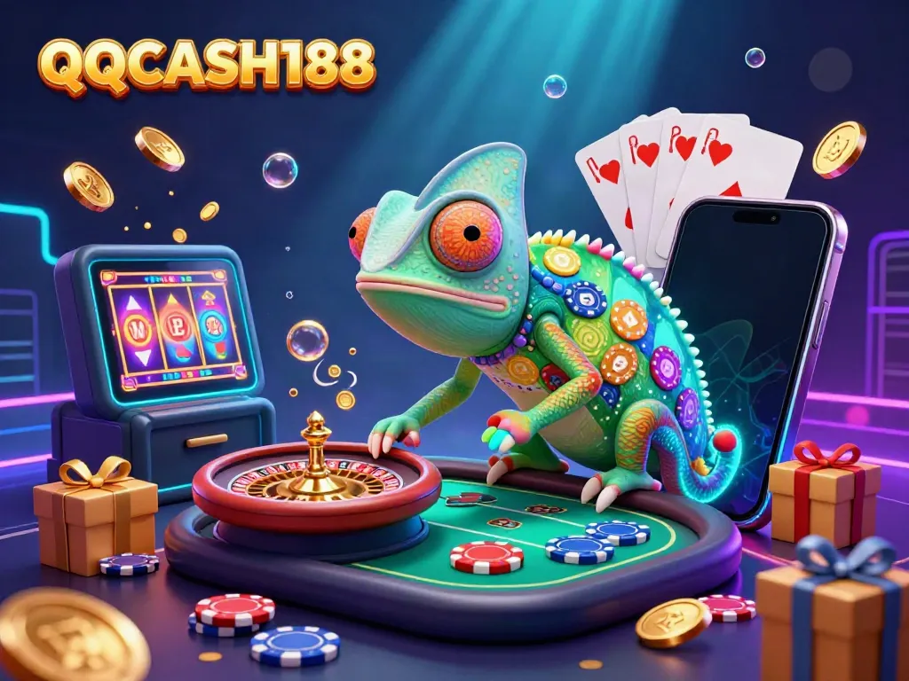 Experience the colorful gambling scene at QQCASH188, featuring a dynamic chameleon casino owner surrounded by exciting gaming elements.