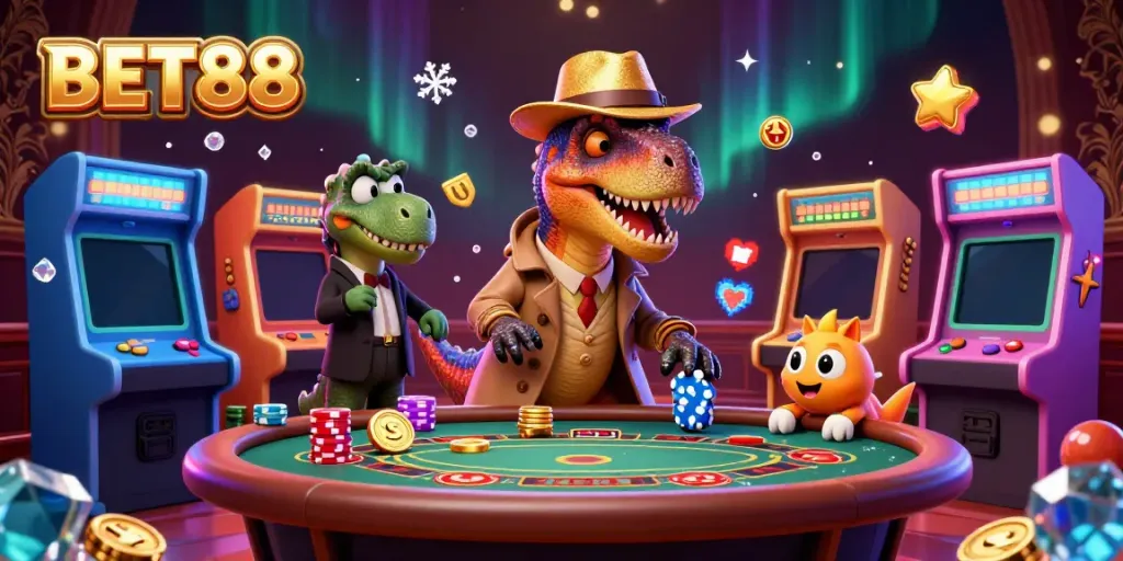 BET88 thu hút người chơi với chú khủng long velociraptor đang cố gắng gian lận tại bàn blackjack.