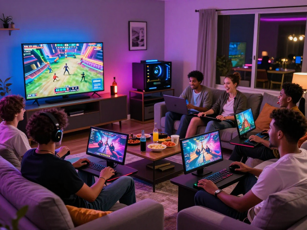 Group enjoying diverse porn games online, cozy living room ambiance.