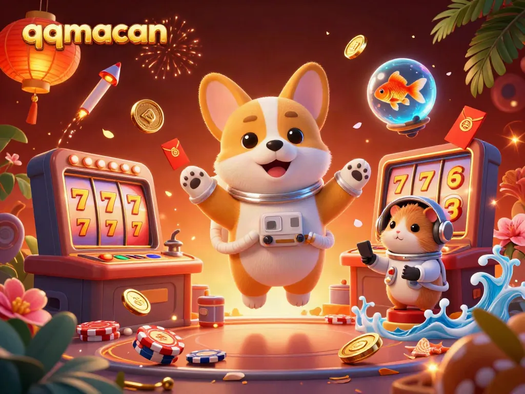Experience the thrill of qqmacan casino games with a cartoon astronaut corgi and vibrant game elements in space.