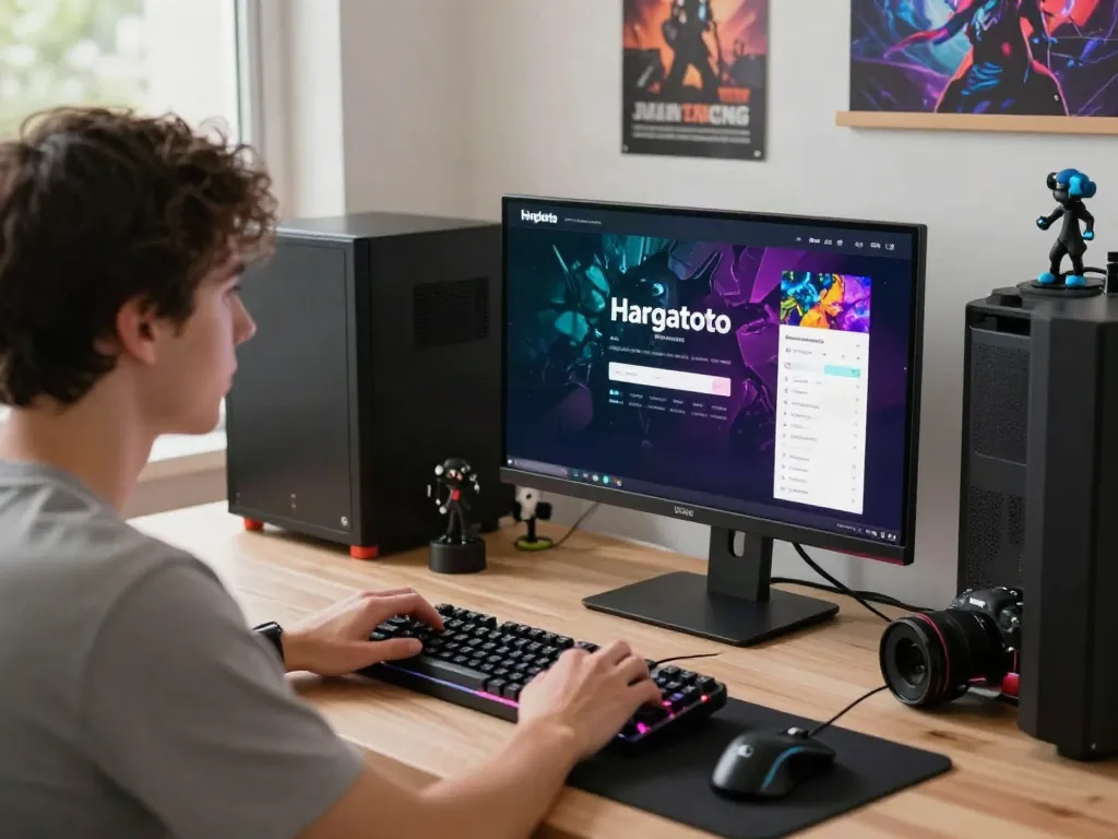 Hargatoto login interface displayed on a gaming desktop setup with vibrant accessories.