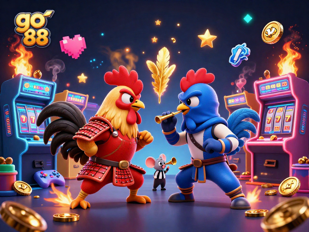 Engage with go 88's vibrant gaming scene featuring dynamic fighting roosters and casino elements.