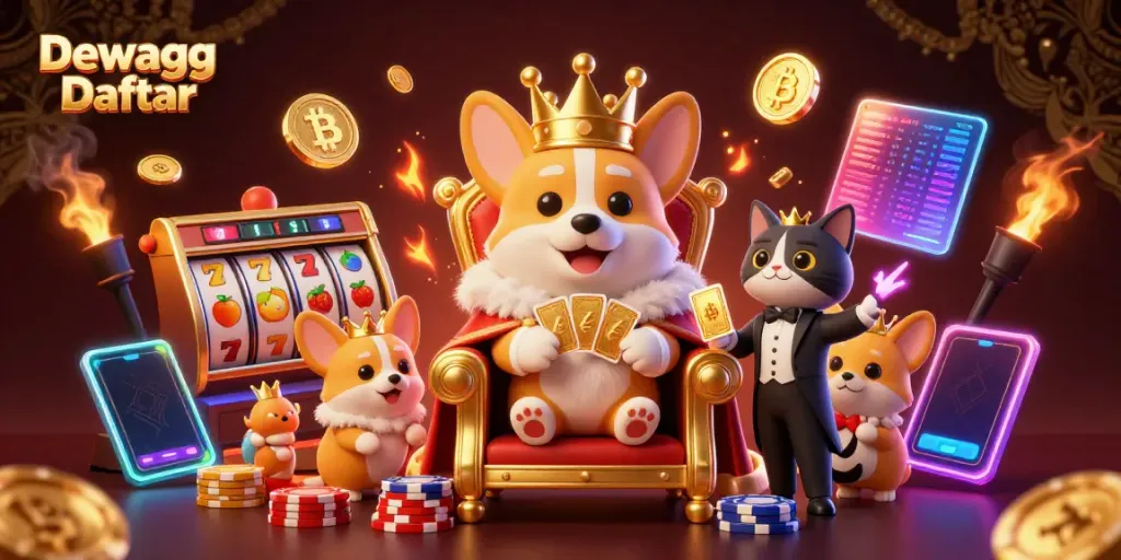 Experience Dewagg Daftar with an exciting scene of a royal corgi on a throne amidst jackpot symbols and crypto coins.