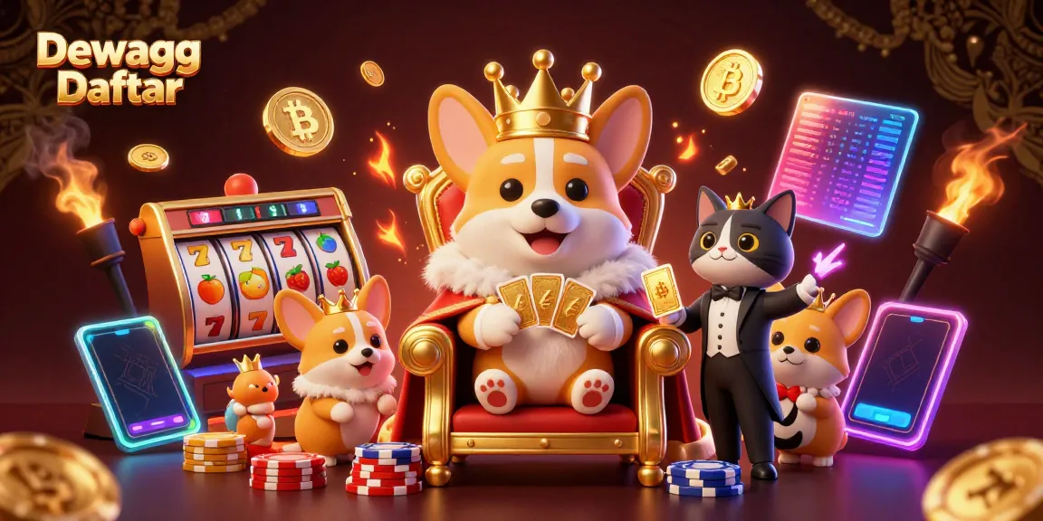 Experience Dewagg Daftar with an exciting scene of a royal corgi on a throne amidst jackpot symbols and crypto coins.