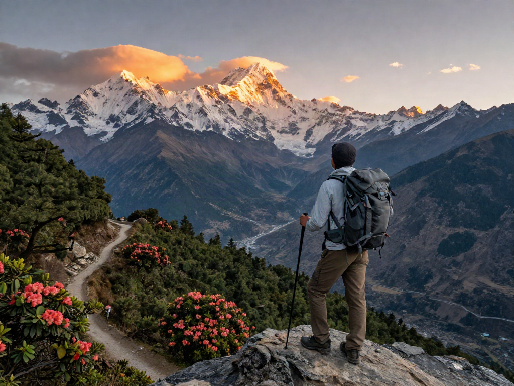 Manaslu Trek hiker enjoying stunning mountain views at sunset on a scenic trail.