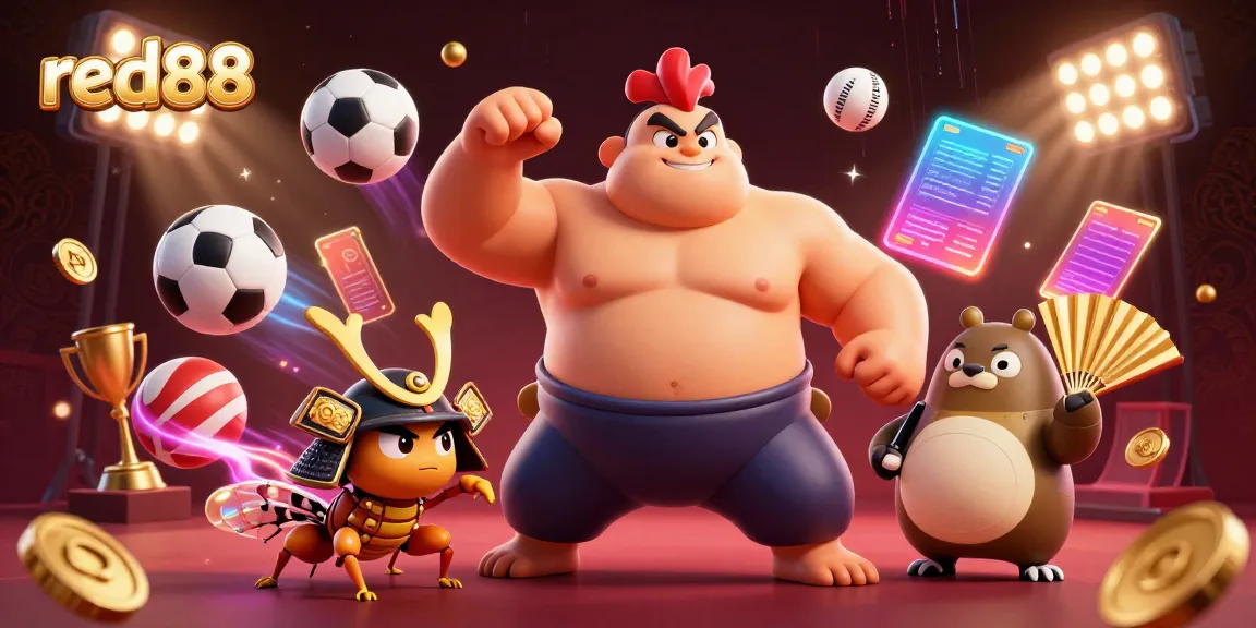 Experience thrilling action with red88's dynamic gaming scene featuring a powerful sumo wrestler and vibrant sports elements.