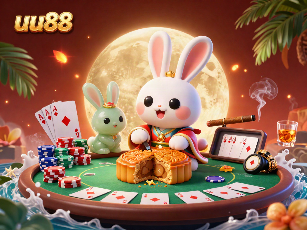 Play poker with uu88 while enjoying a magical lunar casino experience featuring whimsical characters.