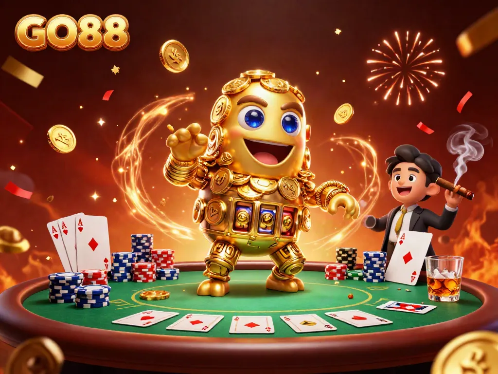 Experience thrilling slots and poker action with GO88, featuring golden golems and vibrant casino elements.