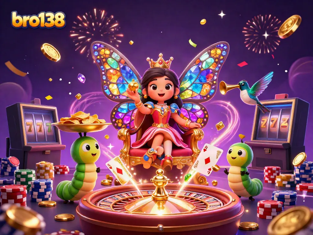 Experience bro138's vibrant casino atmosphere with a 3D scene of a butterfly queen and magical elements.